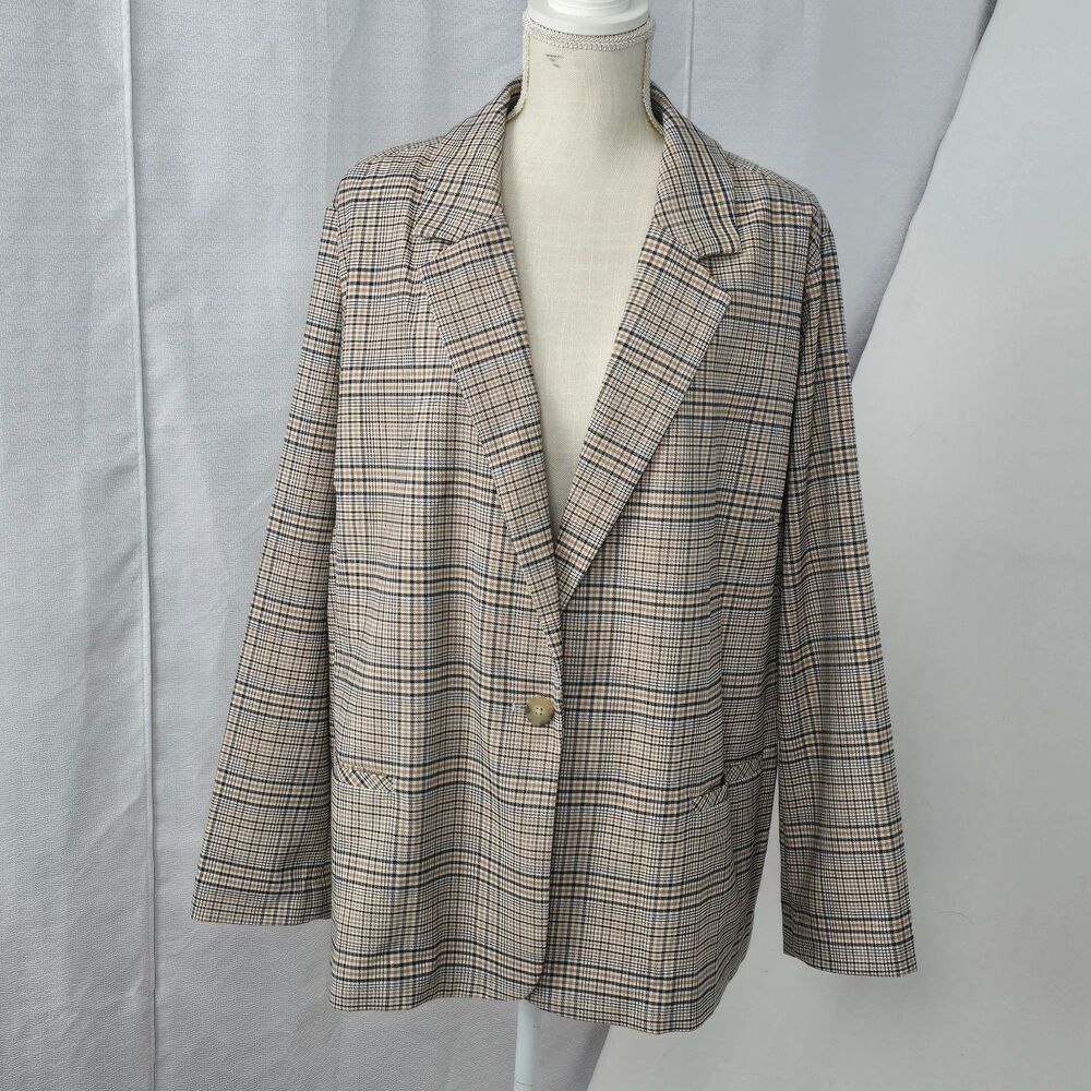 J. Jill Womens 2X Plaid Camel Tan White Dark Navy Blue Suit Jacket Blazer